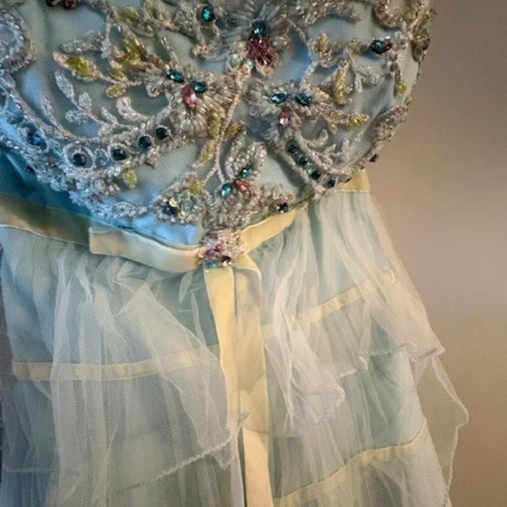 Alyce Paris Light Blue and Cream Strapless Ruffled Dress - Picture 3 of 6